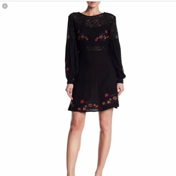 Dax Black Embroidered and Lace Long Sleeve Knee Length Dress sz L … - Picture 1 of 7